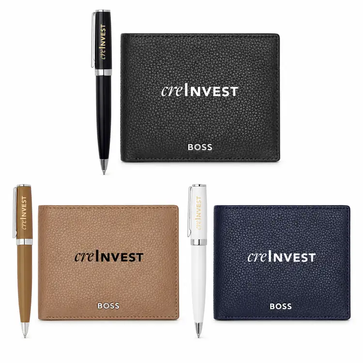 Ensemble Hugo Boss avec stylo à bille et portefeuille en cuir grainé