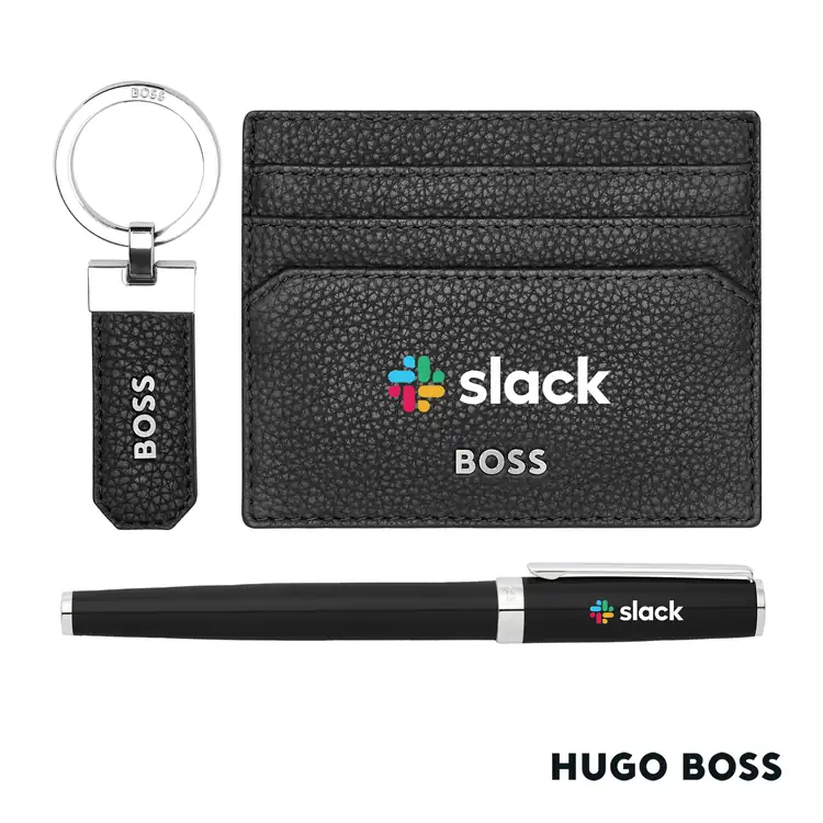 Ensemble Hugo Boss avec stylo roller, porte-clés et porte-cartes