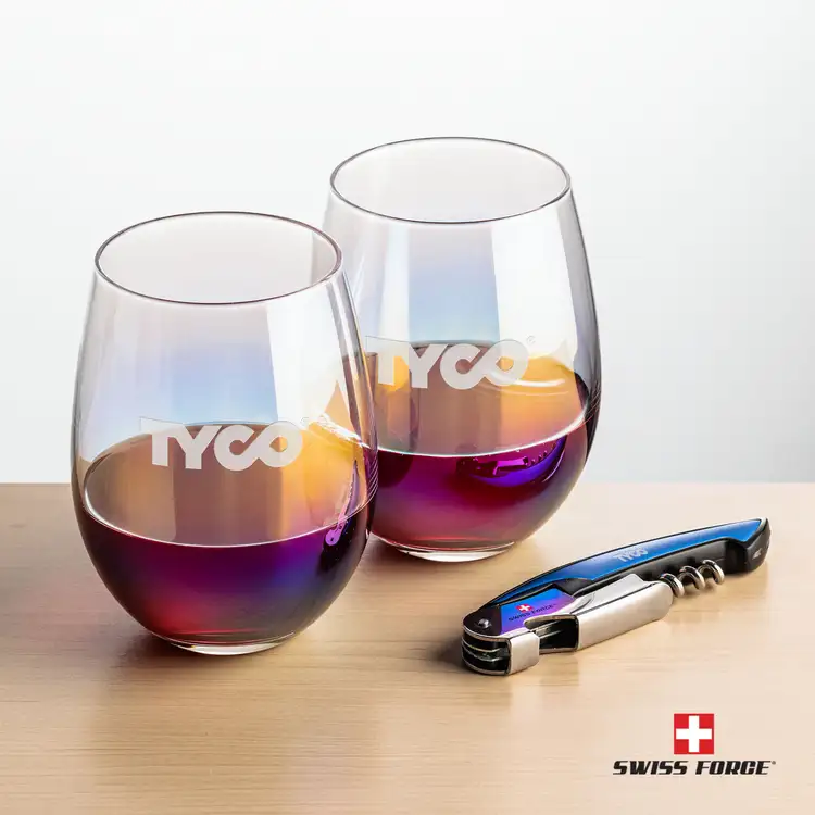 Ensemble Miami avec verres à vin sans pied irisés 19 oz et outil à vin de Swiss Force #3