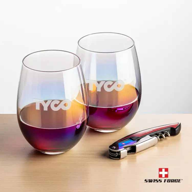 Ensemble Miami avec verres à vin sans pied irisés 19 oz et outil à vin de Swiss Force #4