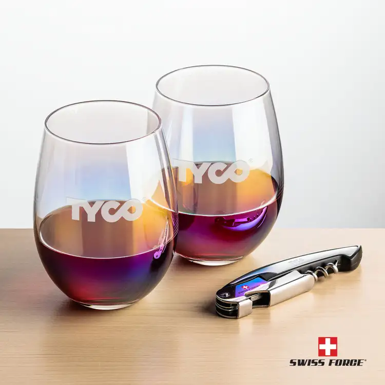 Ensemble Miami avec verres à vin sans pied irisés 19 oz et outil à vin de Swiss Force #5