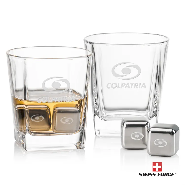 Ensemble Swiss Force avec 2 verres à whisky Arcadia et cubes réfrigérants