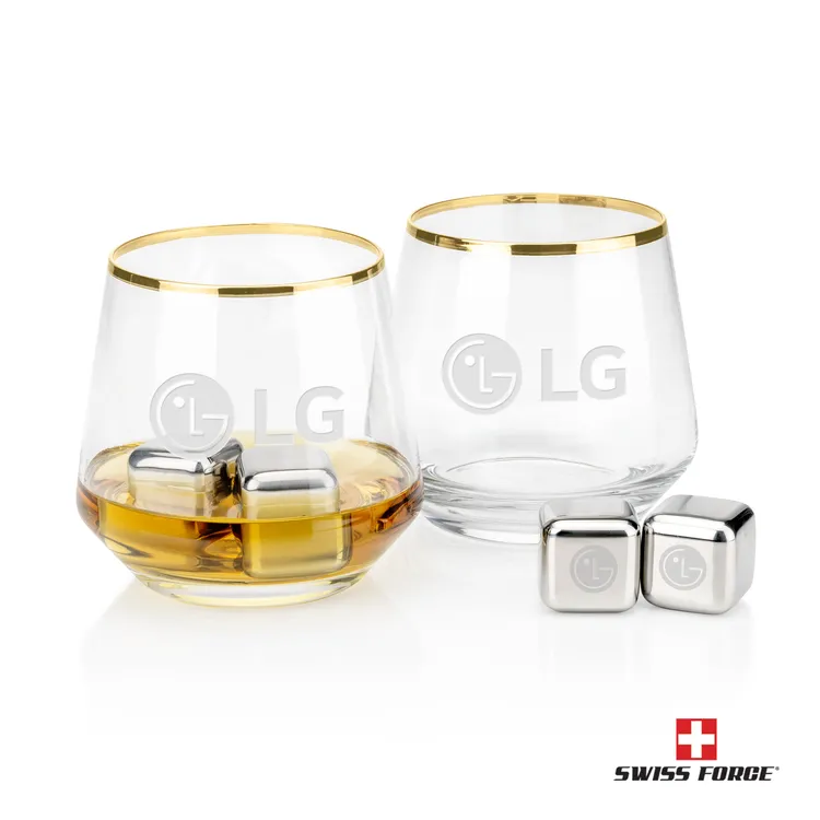 Swiss Force Tucson Whisky Glass and Cooling Cubes Set with Gold Rim