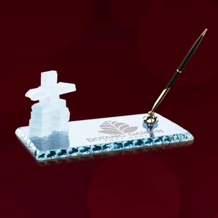 Inukshuk Pen Set on Chipped-Edge Jade Glass Base