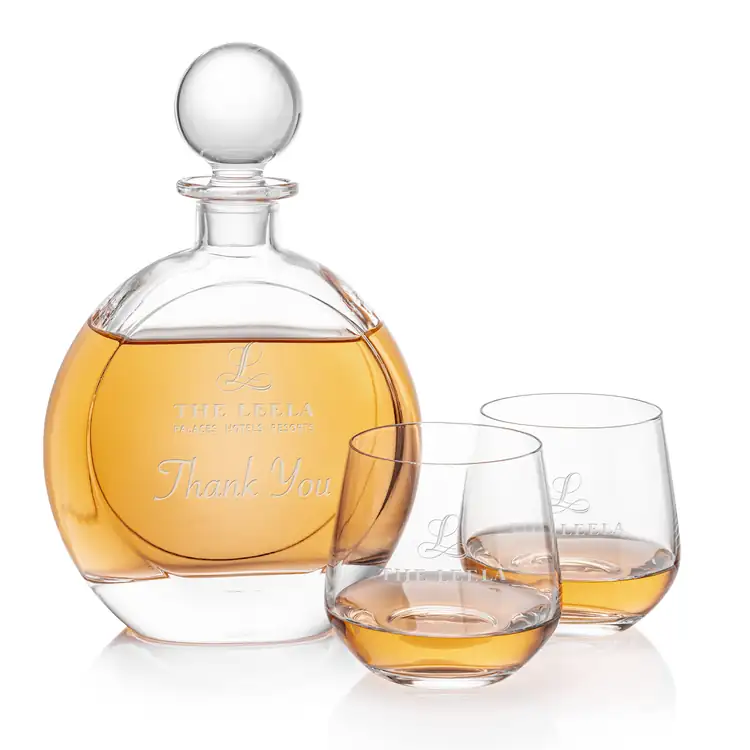 Bonello Round Decanter 24 oz and 2 Whisky Glasses Garland