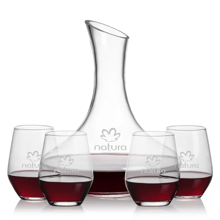 Kanata 50 oz Carafe and 4 Mandelay Stemless Wine Glasses Set
