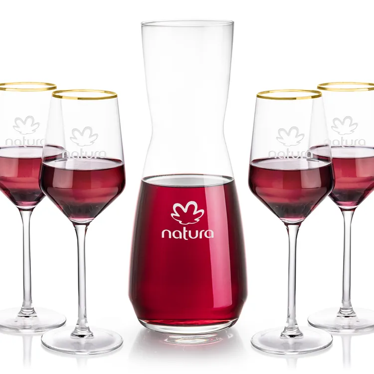 Mason 25 oz Carafe and 4 Tucson Wine Glasses With Gold Rims Set