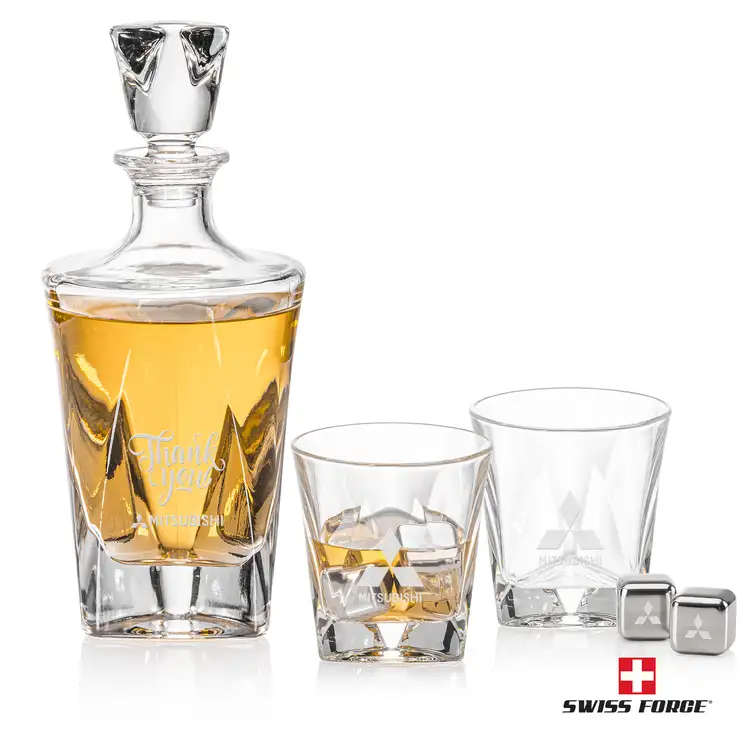 Swiss Force Oakhaven 25 oz Decanter, Two 10 oz Glasses and Whisky Cubes Set