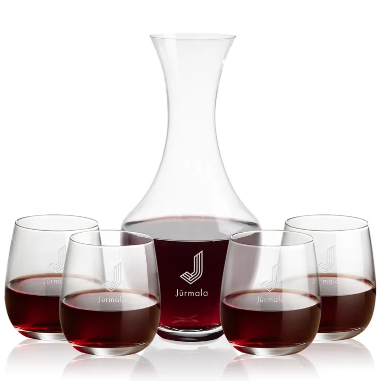 Oldham 50 oz Carafe and 4 Crestview Stemless Wine Glasses Set