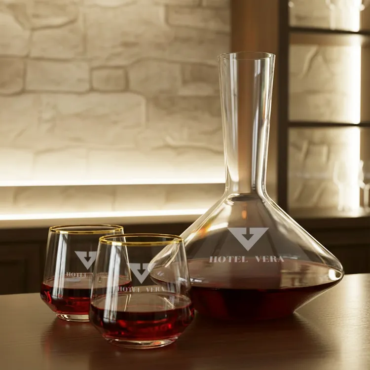Tucson 60 oz Carafe and 2 Stemless Wine Glasses With Gold Rims Set #3