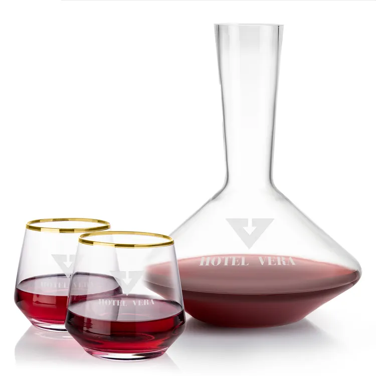 Tucson 60 oz Carafe and 2 Stemless Wine Glasses With Gold Rims Set