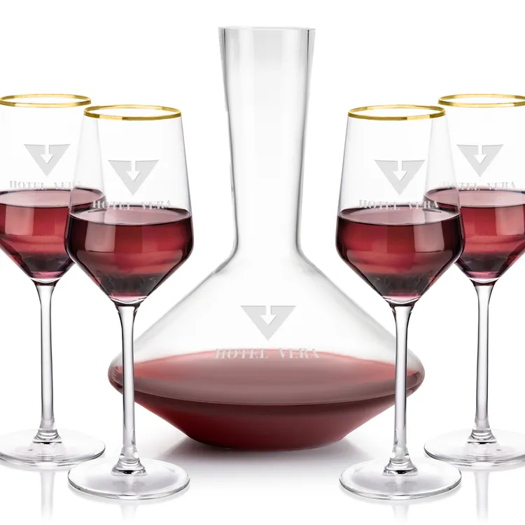 Tucson 60 oz Carafe and 4 Wine Glasses With Gold Rims Set