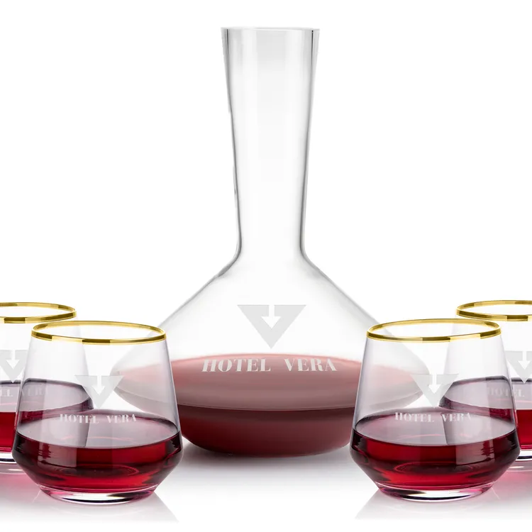 Tucson 60 oz Carafe and 4 Stemless Wine Glasses With Gold Rims Set
