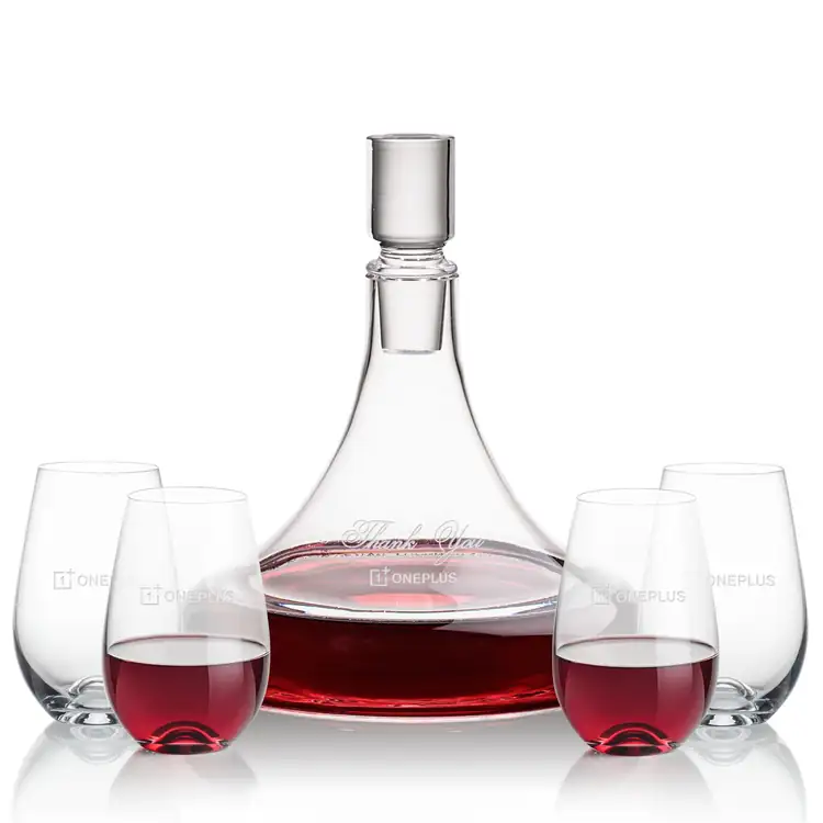 Ashby Wine Decanter 53 oz and 4 Boston Stemless Wine Glasses