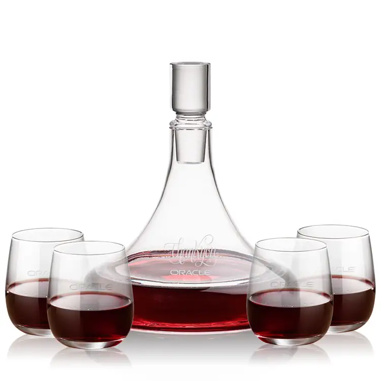 Ashby Wine Decanter 53 oz and 4 Crestview Stemless Wine Glasses