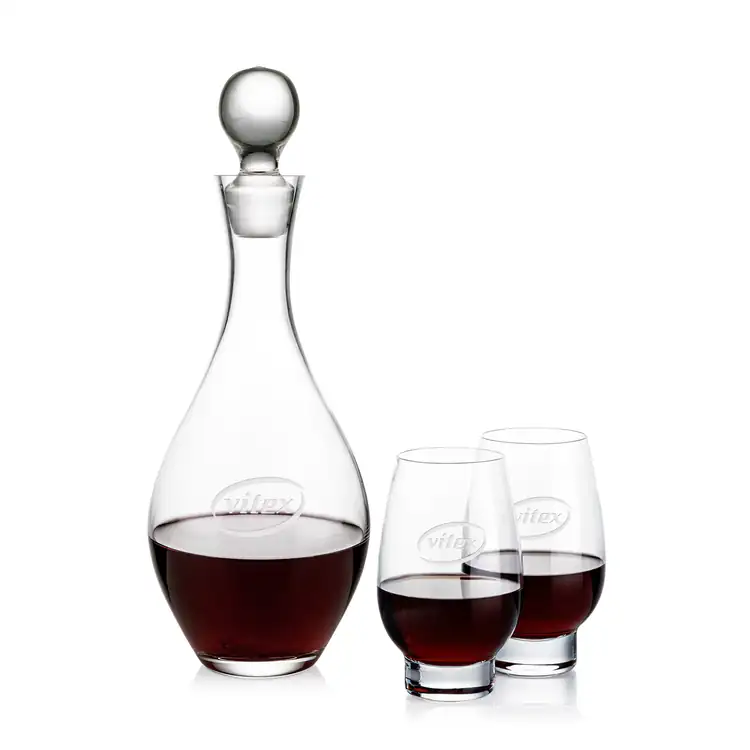 Briarwood Wine Decanter 33 oz and 2 Glenarden Stemless Wine Glasses