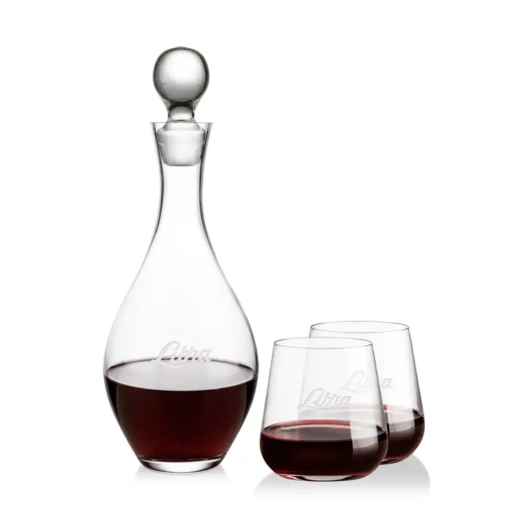 Briarwood Wine Decanter 33 oz and 2 Howden Stemless Wine Glasses