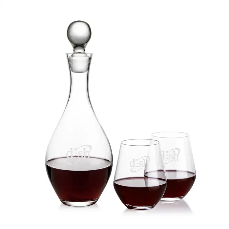 Briarwood Wine Decanter 33 oz and 2 Reina Stemless Wine Glasses
