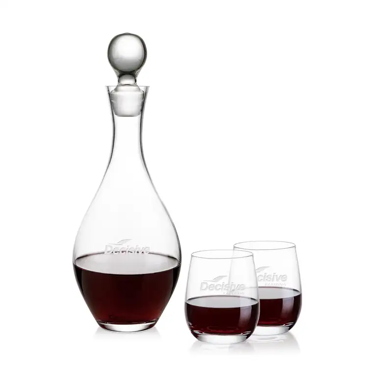 Briarwood Wine Decanter 33 oz and 2 Salem Stemless Wine Glasses