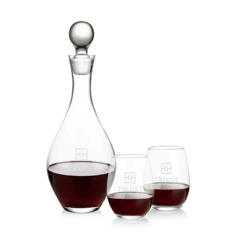 Briarwood Wine Decanter 33 oz and 2 Stanford Stemless Wine Glasses