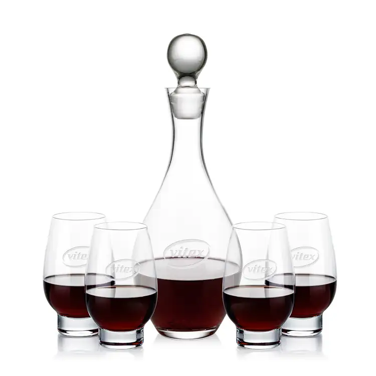 Briarwood Wine Decanter 33 oz and 4 Glenarden Stemless Wine Glasses