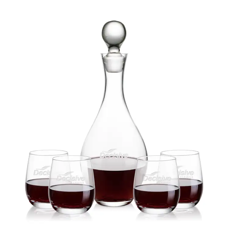 Briarwood Wine Decanter 33 oz and 4 Salem Stemless Wine Glasses