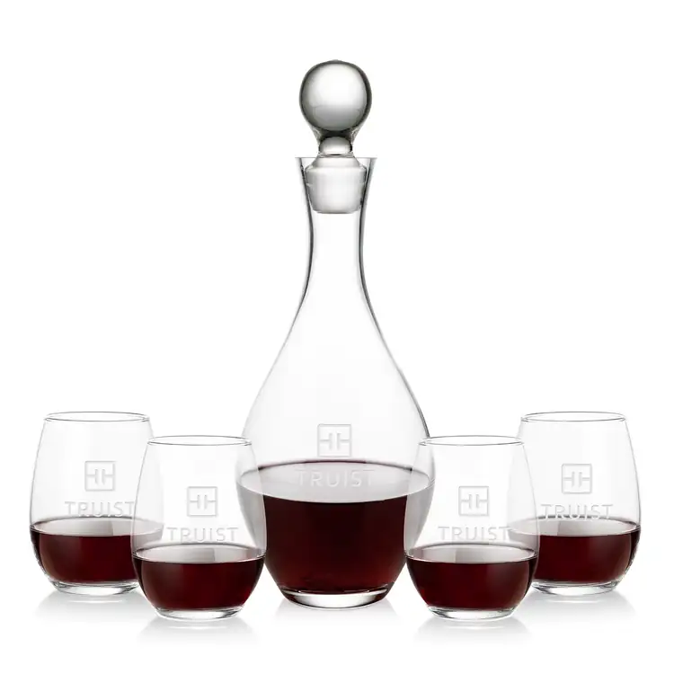 Briarwood Wine Decanter 33 oz and 4 Stanford Stemless Wine Glasses