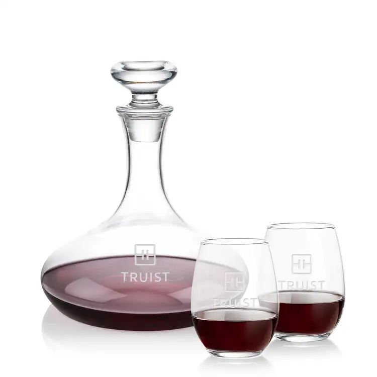 Elliston Wine Decanter 33 oz and 2 Stanford Stemless Wine Glasses