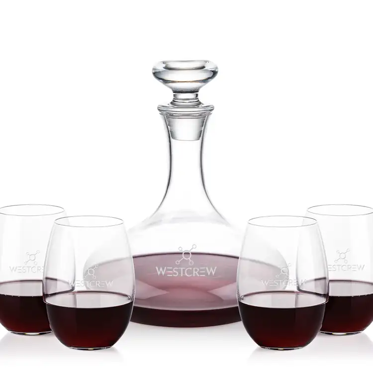 Elliston Wine Decanter 33 oz and 4 Carlita Stemless Wine Glasses