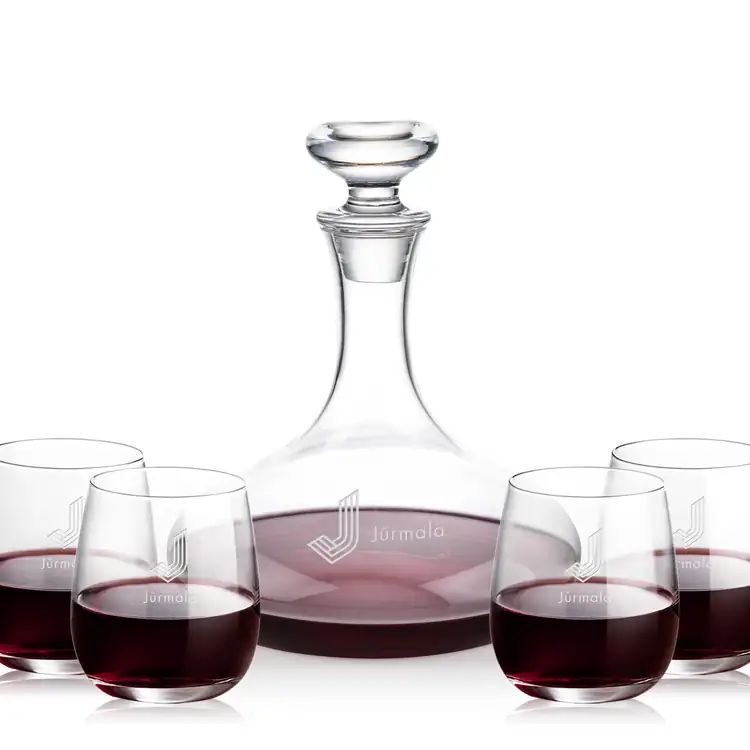 Elliston Wine Decanter 33 oz and 4 Crestview Stemless Wine Glasses