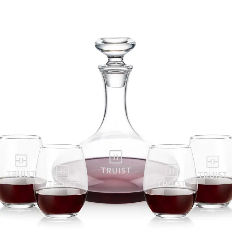 Elliston Wine Decanter 33 oz and 4 Stanford Stemless Wine Glasses
