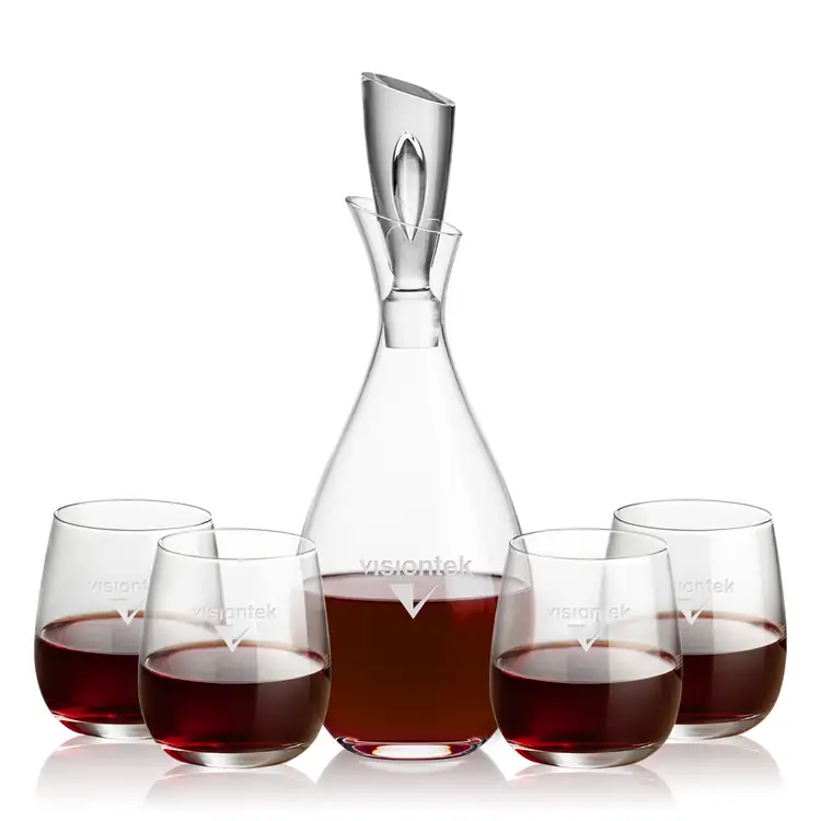 Juliette Wine Decanter 32 oz and 4 Crestview Stemless Wine Glasses