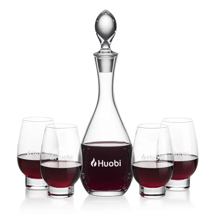 Malvern Wine Decanter 32 oz and 4 Glenarden Stemless Wine Glasses