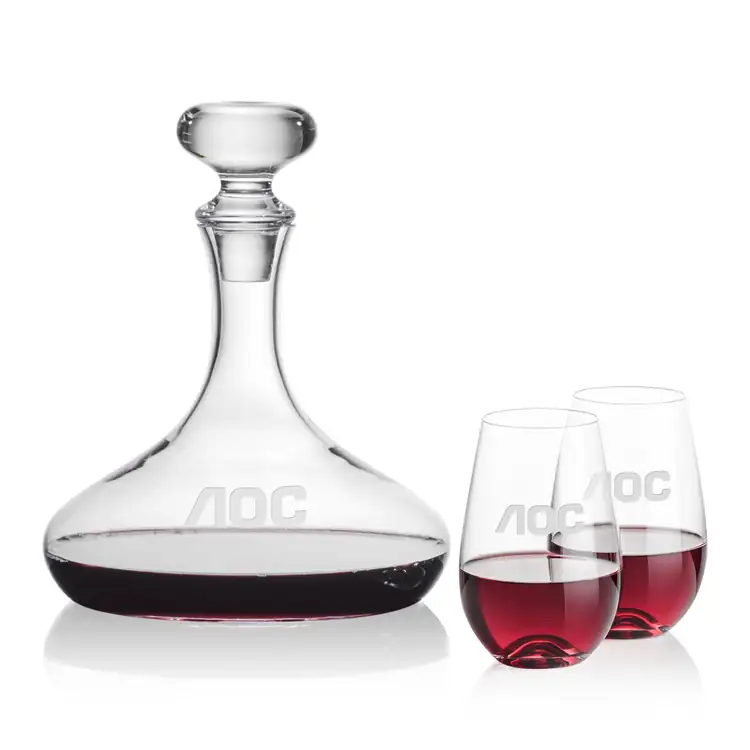 Stratford Wine Decanter 32 oz and 2 Boston Stemless Wine Glasses
