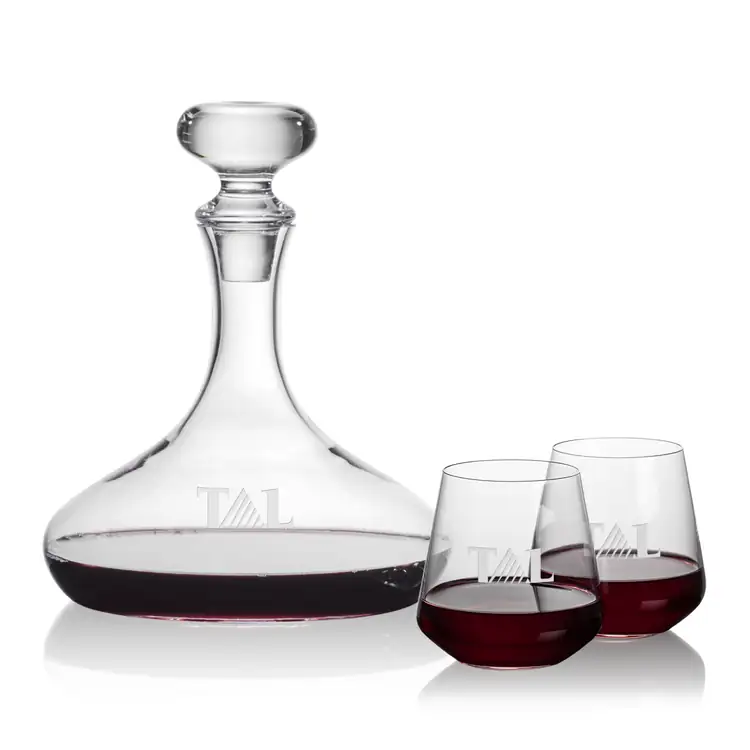 Stratford Wine Decanter 32 oz and 2 Cannes Stemless Wine Glasses