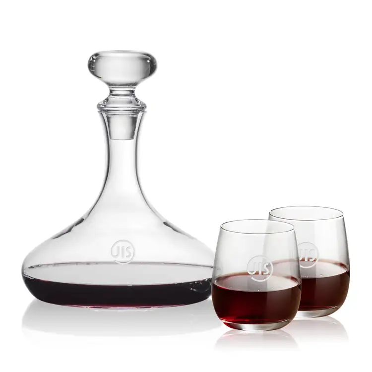 Stratford Wine Decanter 32 oz and 2 Crestview Stemless Wine Glasses