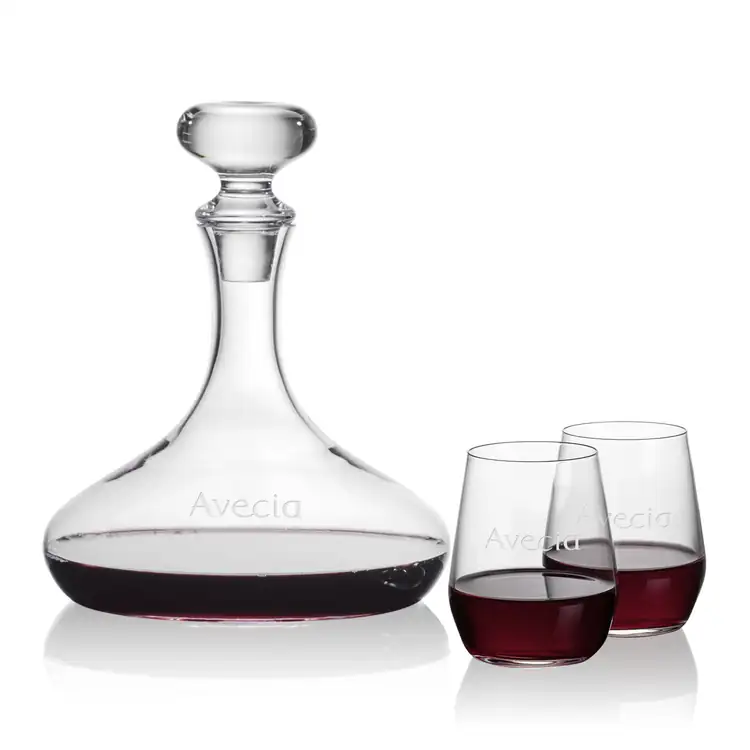 Stratford Wine Decanter 32 oz and 2 Germain Stemless Wine Glasses