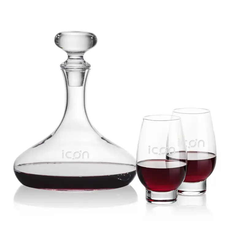 Stratford Wine Decanter 32 oz and 2 Glenarden Stemless Wine Glasses