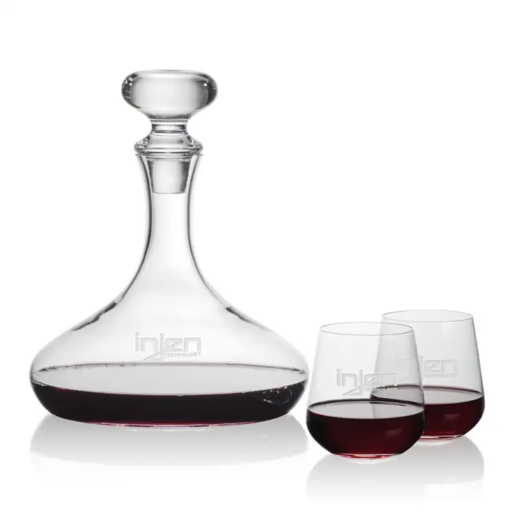 Stratford Wine Decanter 32 oz and 2 Howden Stemless Wine Glasses
