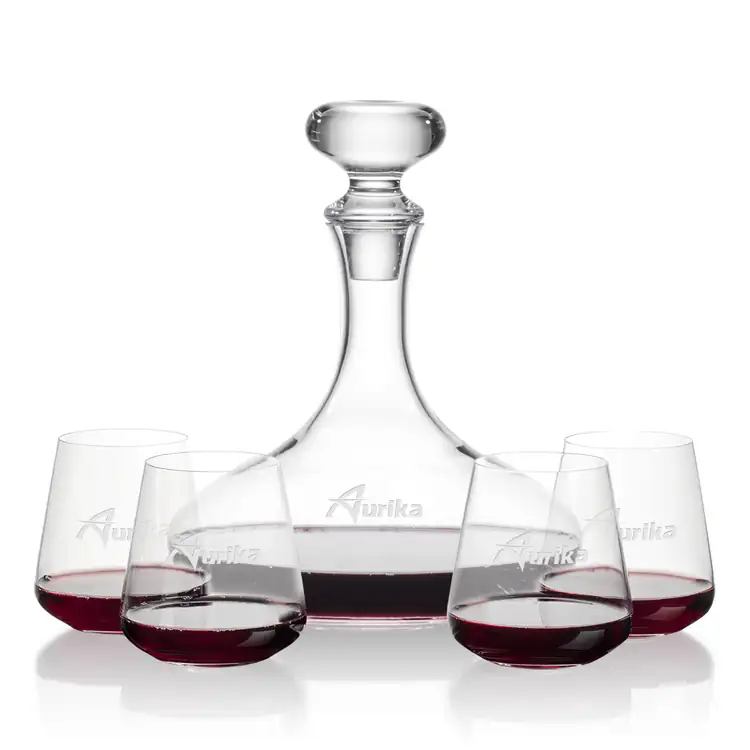 Stratford Wine Decanter 32 oz and 4 Breckland Stemless Wine Glasses