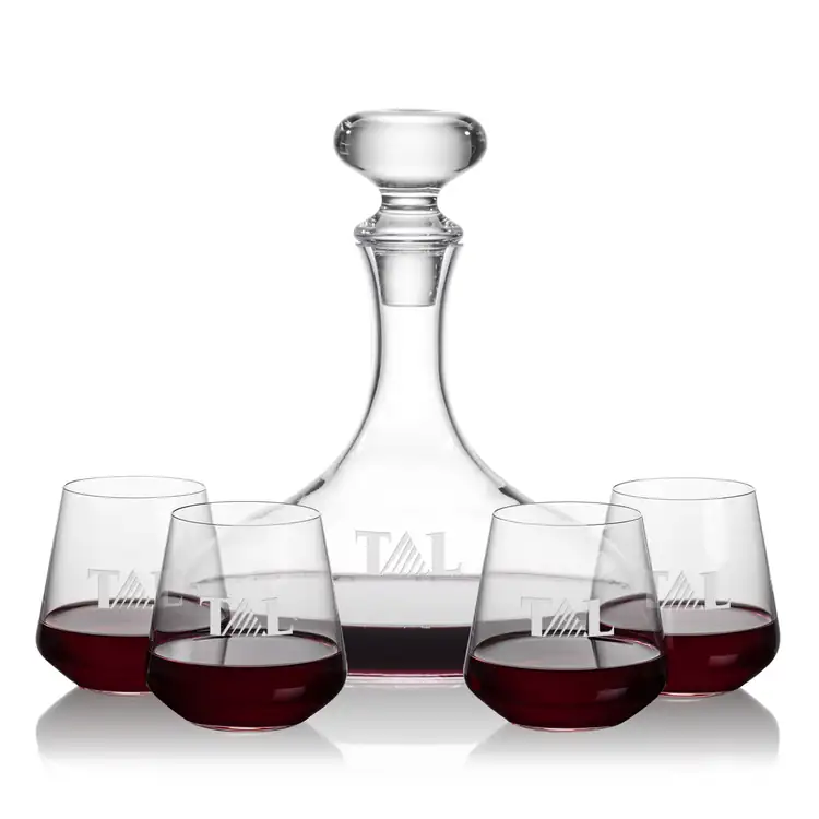 Stratford Wine Decanter 32 oz and 4 Cannes Stemless Wine Glasses