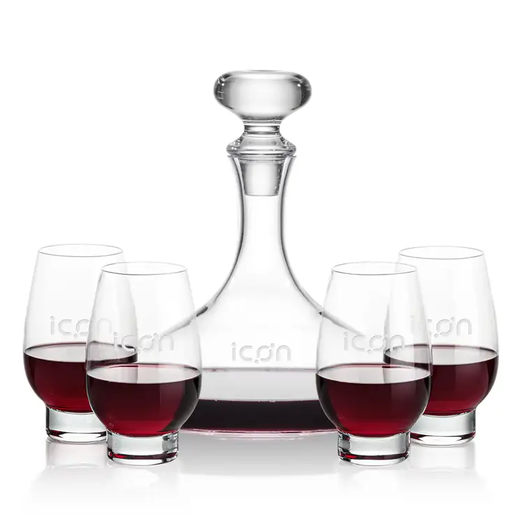 Stratford Wine Decanter 32 oz and 4 Glenarden Stemless Wine Glasses