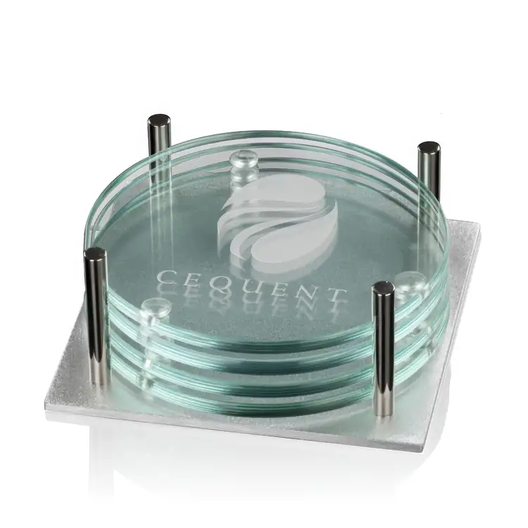 Ensemble de 4 sous-verres Barnaby sur support Aluminum sur socle en aluminium