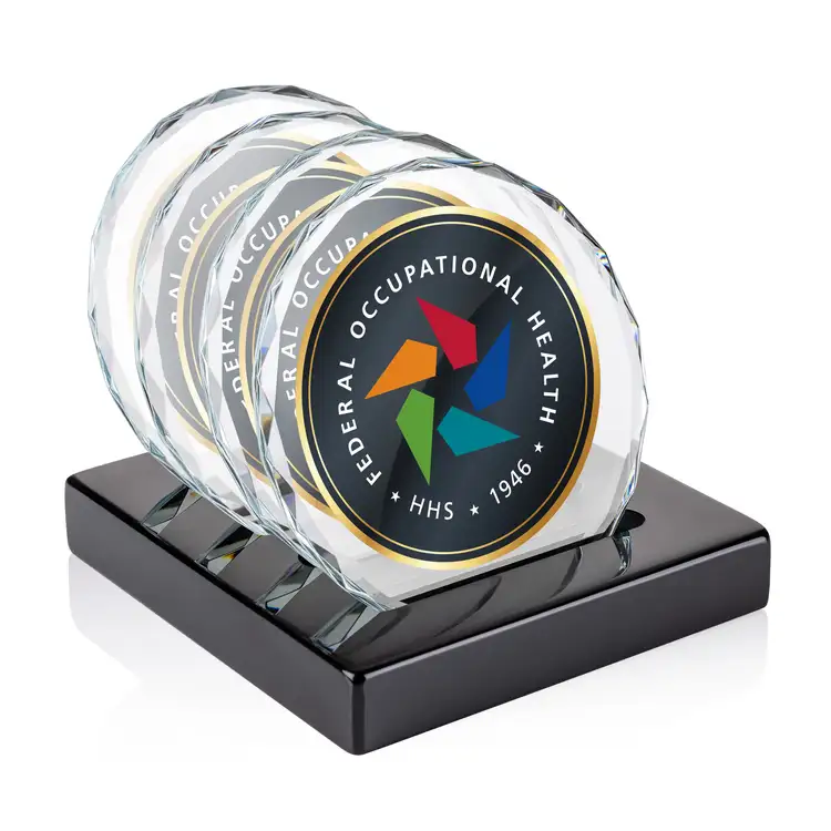 Ensemble de 4 sous-verres Porterfield multicolore sur support Noir au fini piano