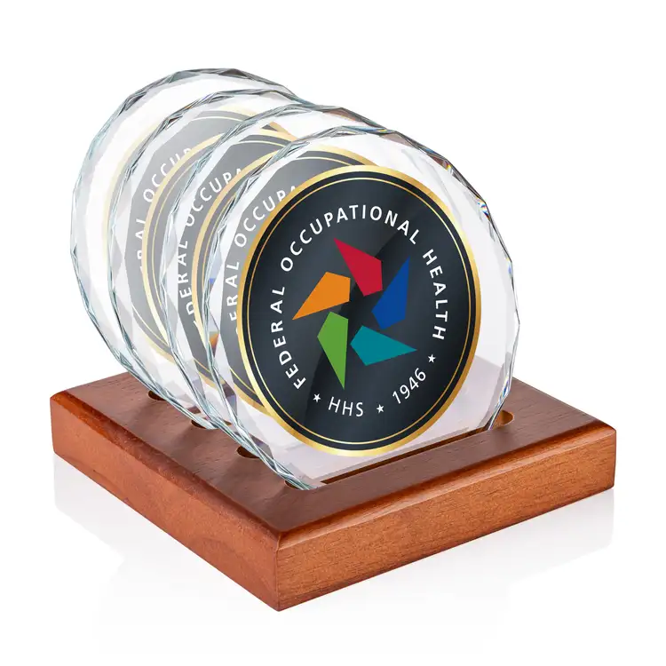 Ensemble de 4 sous-verres Porterfield multicolore sur support Noyer