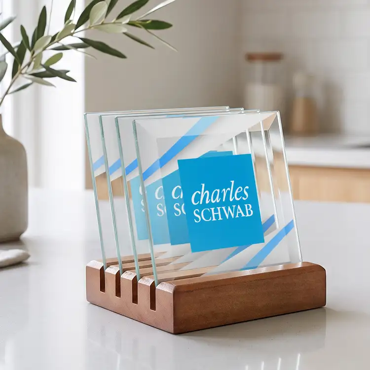 Ensemble de 4 sous-verres Talbot multicolore sur support Noyer #3