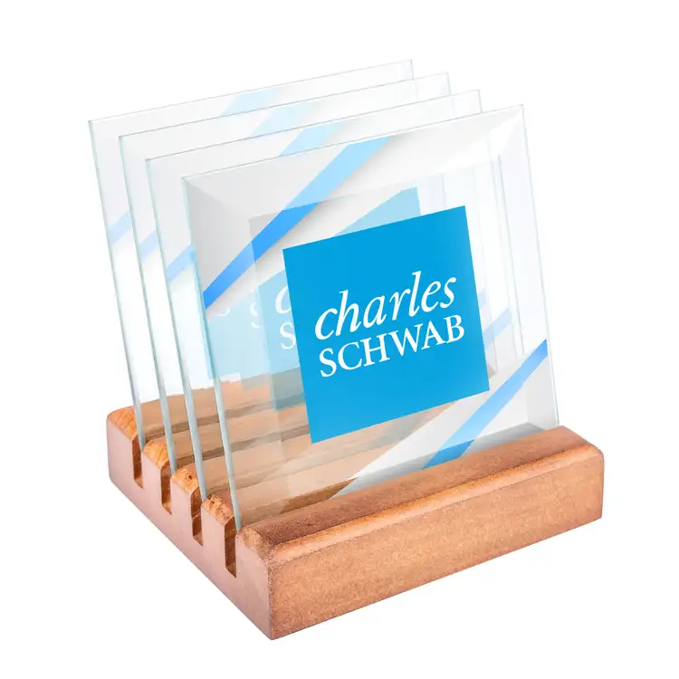Ensemble de 4 sous-verres Talbot multicolore sur support Noyer