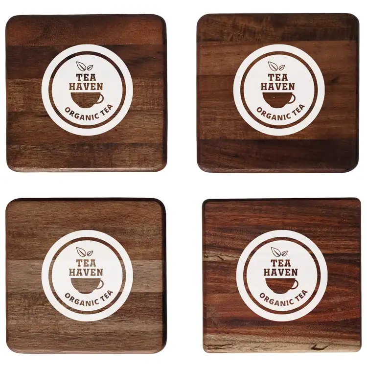 Ensemble de 4 sous-verres en acacia avec support métallique #2