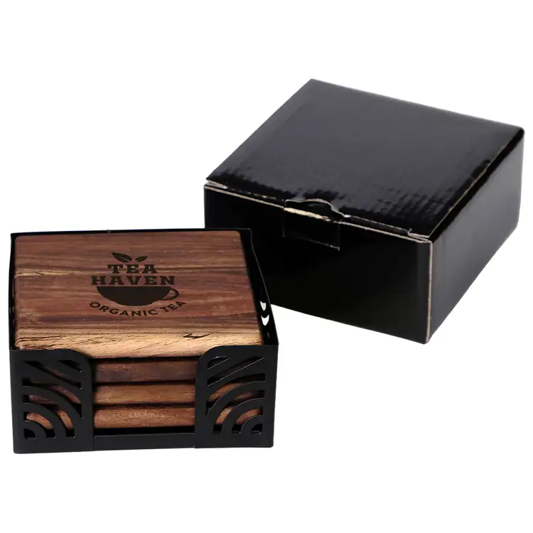 Ensemble de 4 sous-verres en acacia avec support métallique