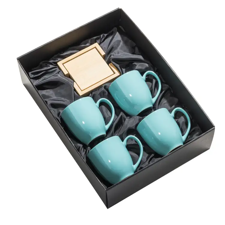 Bistro Set of 4 16 oz Mugs and Bamboo Coasters #13